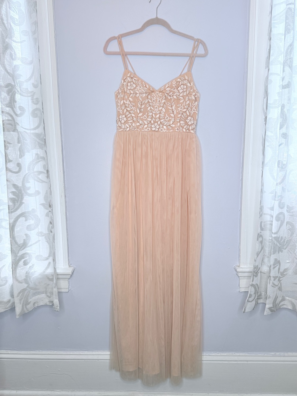 Anthropologie BHLDN Elowen nude chiffon gown with bead and sequins size 6 - Picture 6 of 12